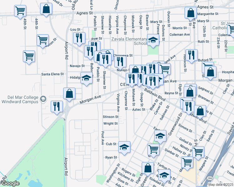 map of restaurants, bars, coffee shops, grocery stores, and more near 565 Virginia Avenue in Corpus Christi