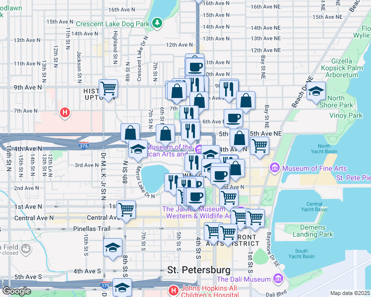 map of restaurants, bars, coffee shops, grocery stores, and more near 443 4th Ave N in St Petersburg