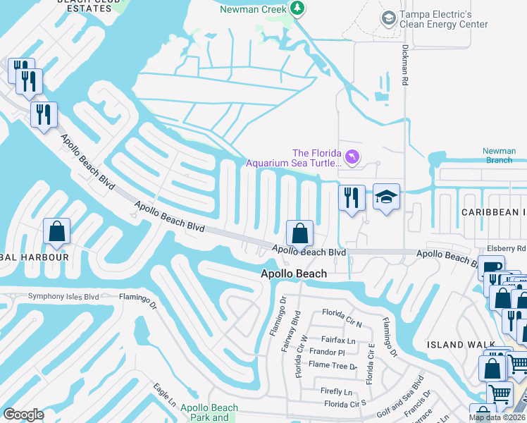 map of restaurants, bars, coffee shops, grocery stores, and more near 6512 Senegal Palm Way in Apollo Beach
