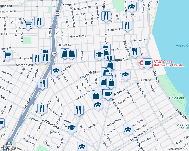 map of restaurants, bars, coffee shops, grocery stores, and more near 1310 Elizabeth Street in Corpus Christi