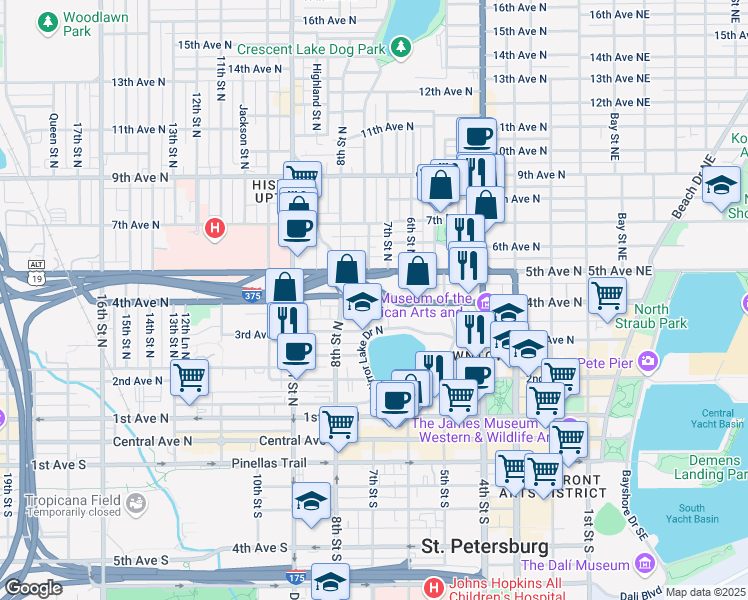 map of restaurants, bars, coffee shops, grocery stores, and more near 350 7th Street North in St. Petersburg
