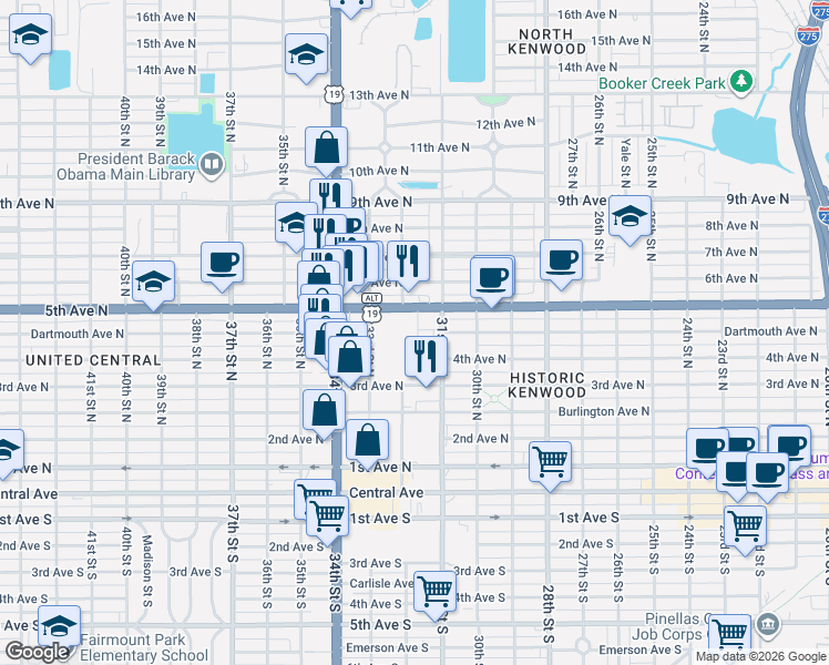 map of restaurants, bars, coffee shops, grocery stores, and more near 3250 5th Avenue North in St. Petersburg