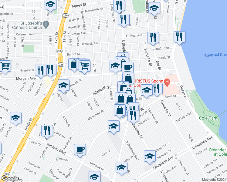 map of restaurants, bars, coffee shops, grocery stores, and more near 1310 Elizabeth Street in Corpus Christi