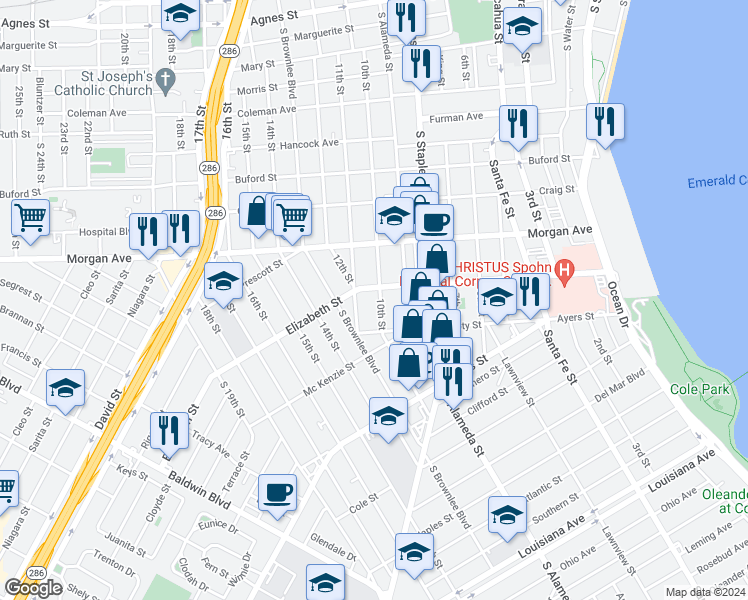 map of restaurants, bars, coffee shops, grocery stores, and more near 1310 Elizabeth Street in Corpus Christi