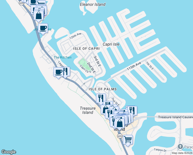 map of restaurants, bars, coffee shops, grocery stores, and more near 197 116th Avenue in Treasure Island