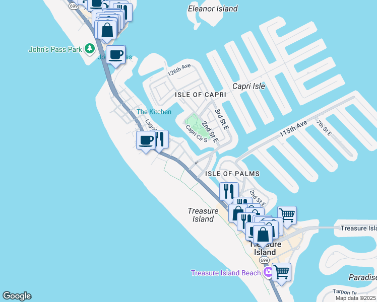 map of restaurants, bars, coffee shops, grocery stores, and more near 11855 1st Street East in Treasure Island