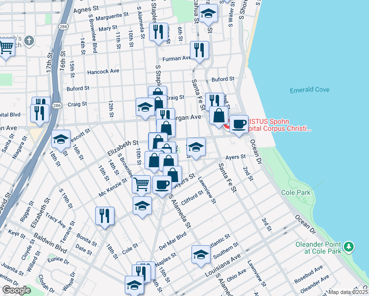 map of restaurants, bars, coffee shops, grocery stores, and more near 1509 6th Street in Corpus Christi