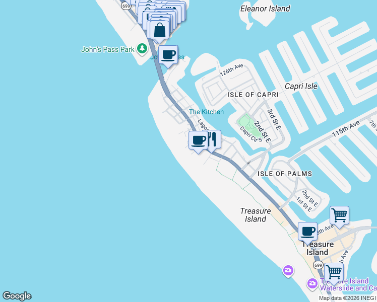 map of restaurants, bars, coffee shops, grocery stores, and more near 12200 1st Street West in Treasure Island