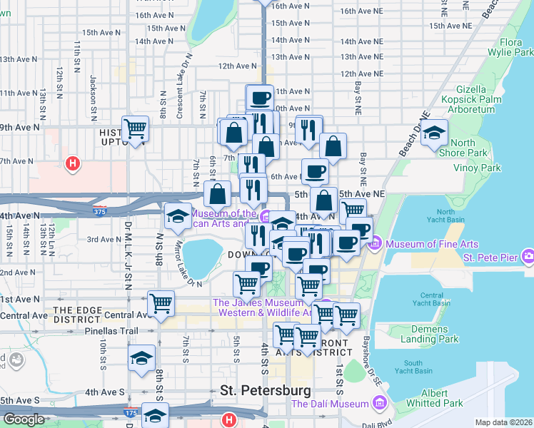 map of restaurants, bars, coffee shops, grocery stores, and more near 325 4th Avenue North in St. Petersburg