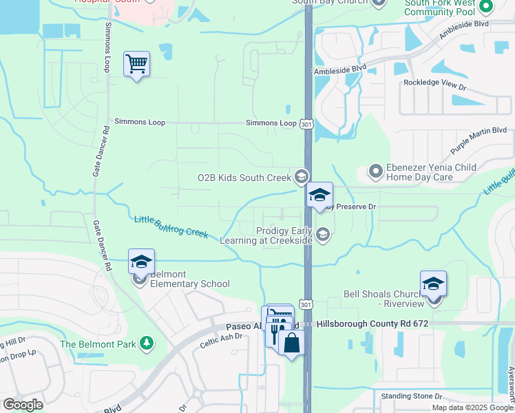 map of restaurants, bars, coffee shops, grocery stores, and more near 6620 Simmons Loop in Riverview