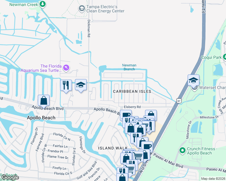 map of restaurants, bars, coffee shops, grocery stores, and more near 104 West Saint Lucia Loop in Apollo Beach