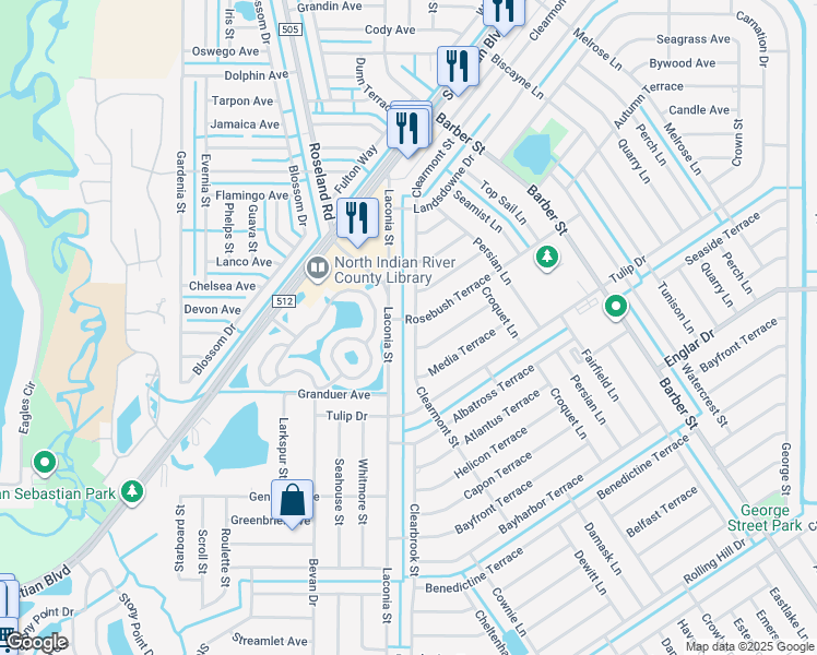 map of restaurants, bars, coffee shops, grocery stores, and more near 875 Rosebush Terrace in Sebastian