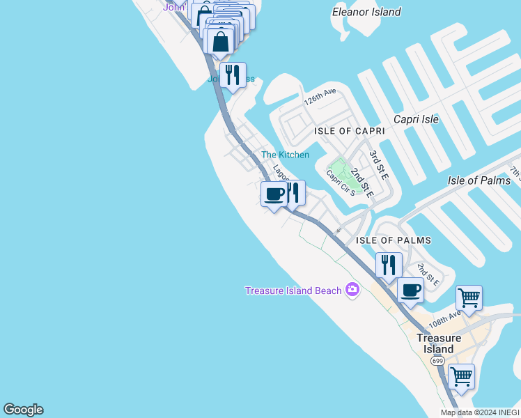 map of restaurants, bars, coffee shops, grocery stores, and more near 200 121st Avenue in Treasure Island