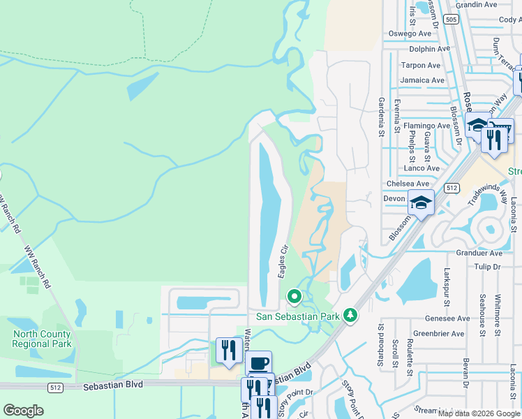 map of restaurants, bars, coffee shops, grocery stores, and more near 1561 Eagles Circle in Sebastian