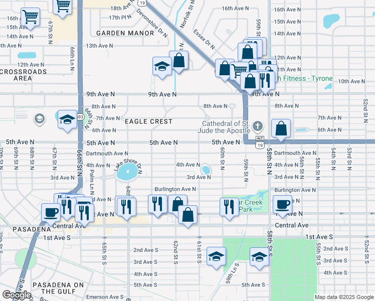 map of restaurants, bars, coffee shops, grocery stores, and more near 6132 5th Avenue North in St. Petersburg