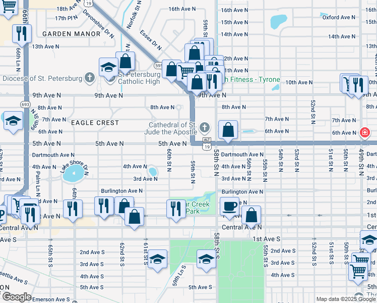 map of restaurants, bars, coffee shops, grocery stores, and more near 5908 5th Avenue North in Saint Petersburg