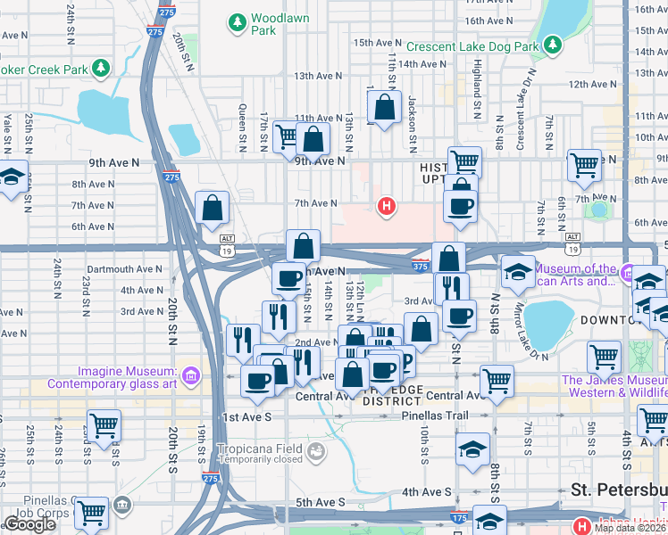 map of restaurants, bars, coffee shops, grocery stores, and more near 401 15th Street North in St. Petersburg