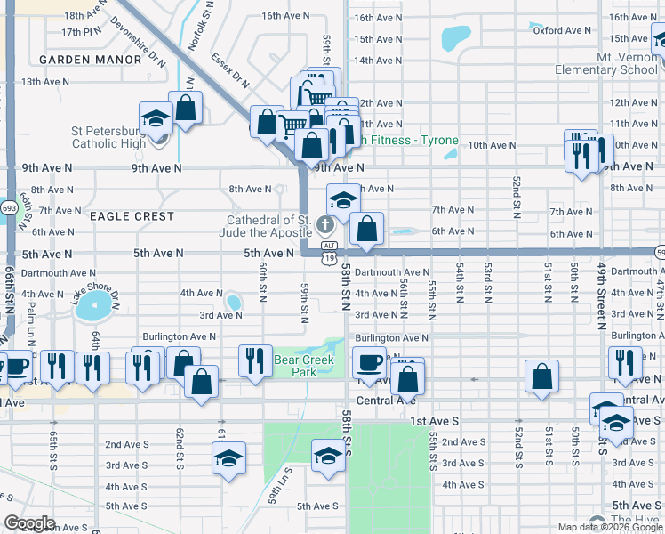 map of restaurants, bars, coffee shops, grocery stores, and more near 5816 5th Avenue North in St. Petersburg