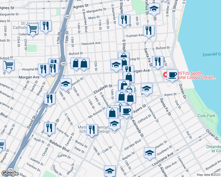 map of restaurants, bars, coffee shops, grocery stores, and more near 1310 Elizabeth Street in Corpus Christi