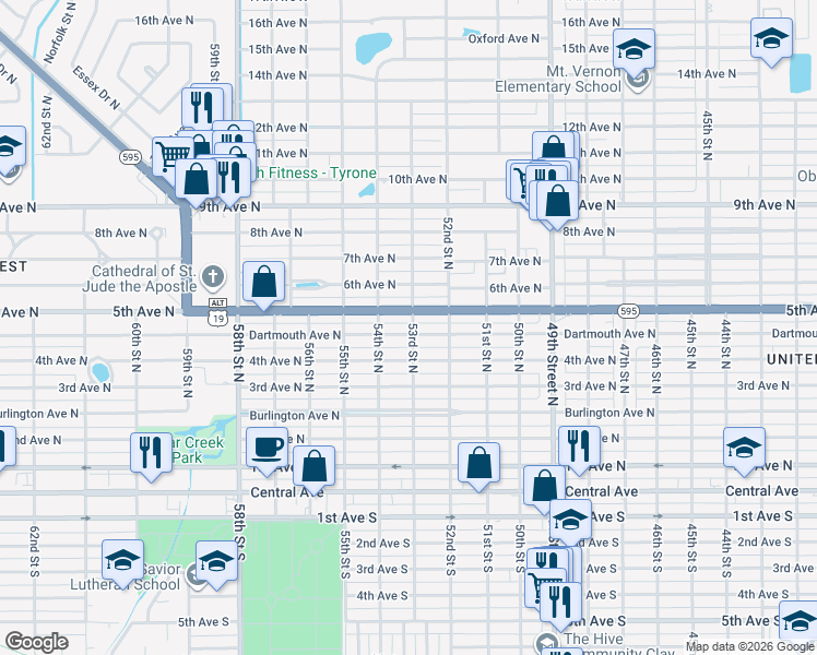 map of restaurants, bars, coffee shops, grocery stores, and more near 5300 5th Avenue North in St. Petersburg