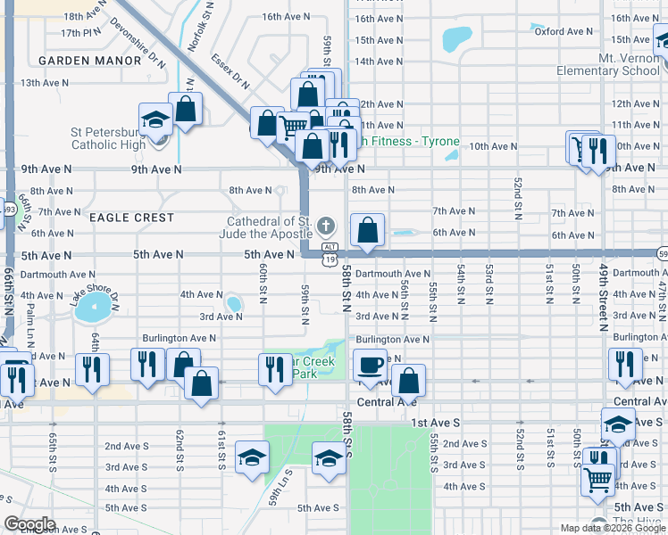 map of restaurants, bars, coffee shops, grocery stores, and more near 5816 5th Avenue North in St. Petersburg