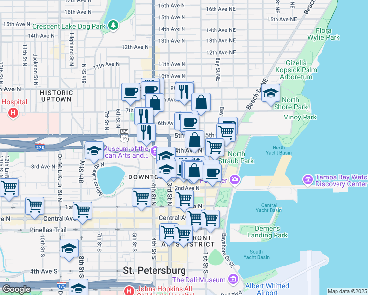 map of restaurants, bars, coffee shops, grocery stores, and more near 249 4th Avenue North in St. Petersburg