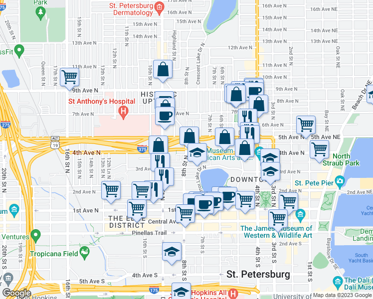 map of restaurants, bars, coffee shops, grocery stores, and more near 4th Avenue North in Saint Petersburg