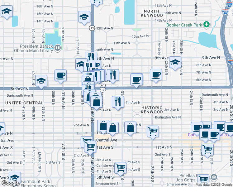 map of restaurants, bars, coffee shops, grocery stores, and more near 3100 5th Avenue North in St. Petersburg