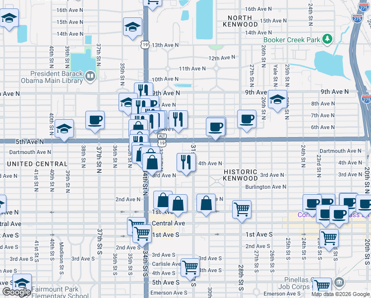 map of restaurants, bars, coffee shops, grocery stores, and more near 3100 5th Avenue North in St. Petersburg