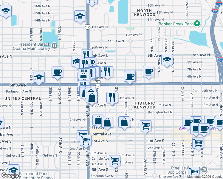 map of restaurants, bars, coffee shops, grocery stores, and more near 3133 4th Terrace North in St. Petersburg