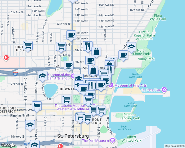 map of restaurants, bars, coffee shops, grocery stores, and more near 432 Regent Lane in St. Petersburg