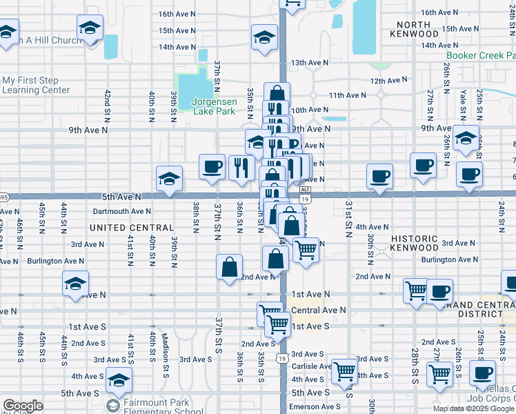 map of restaurants, bars, coffee shops, grocery stores, and more near 3528 5th Avenue North in St. Petersburg