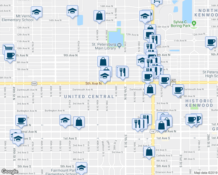 map of restaurants, bars, coffee shops, grocery stores, and more near 3880 5th Avenue North in Saint Petersburg