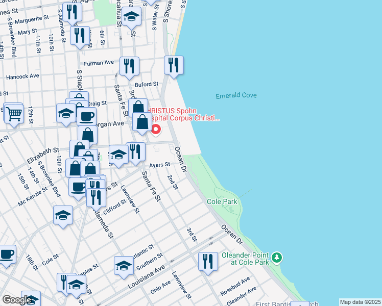 map of restaurants, bars, coffee shops, grocery stores, and more near 1400 Ocean Drive in Corpus Christi