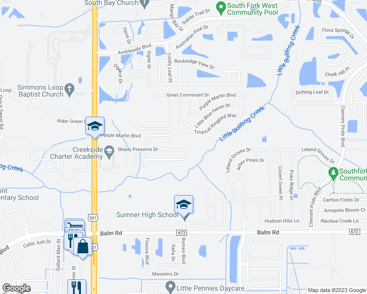 map of restaurants, bars, coffee shops, grocery stores, and more near 10644 Shady Preserve Drive in Riverview