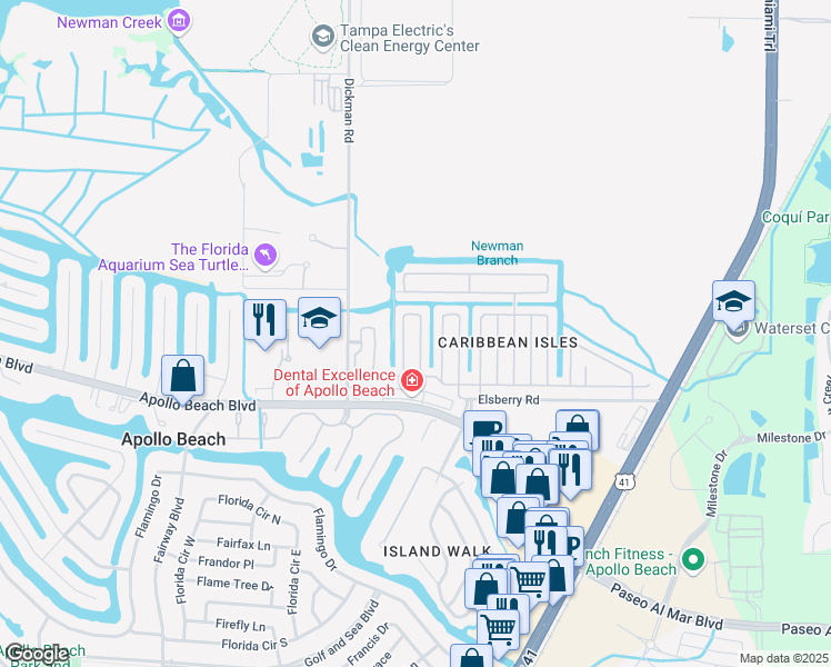 map of restaurants, bars, coffee shops, grocery stores, and more near 104 West Saint Lucia Loop in Apollo Beach