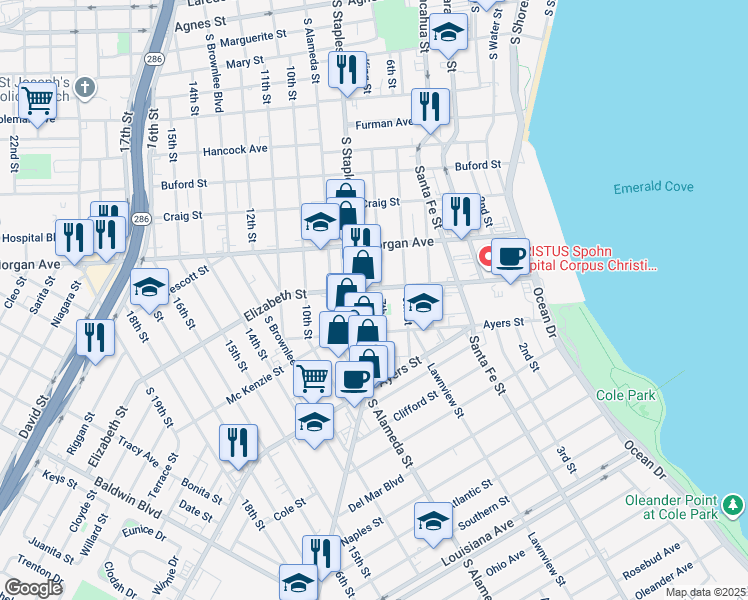 map of restaurants, bars, coffee shops, grocery stores, and more near 1329 7th Street in Corpus Christi