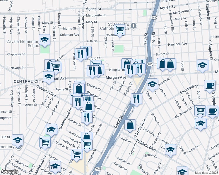 map of restaurants, bars, coffee shops, grocery stores, and more near 2218 Cleo Street in Corpus Christi
