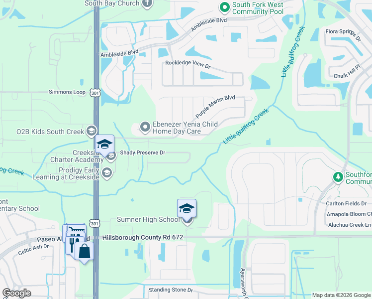 map of restaurants, bars, coffee shops, grocery stores, and more near 10644 Shady Preserve Drive in Riverview