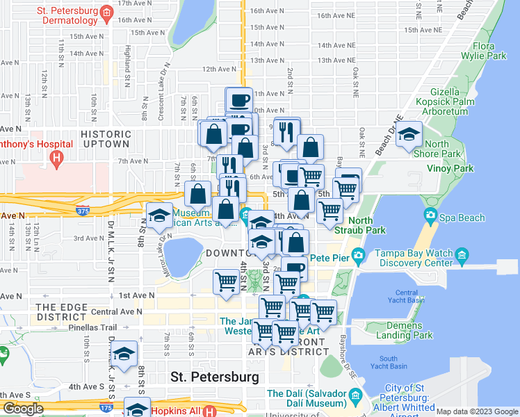 map of restaurants, bars, coffee shops, grocery stores, and more near 325 4th Avenue North in St. Petersburg