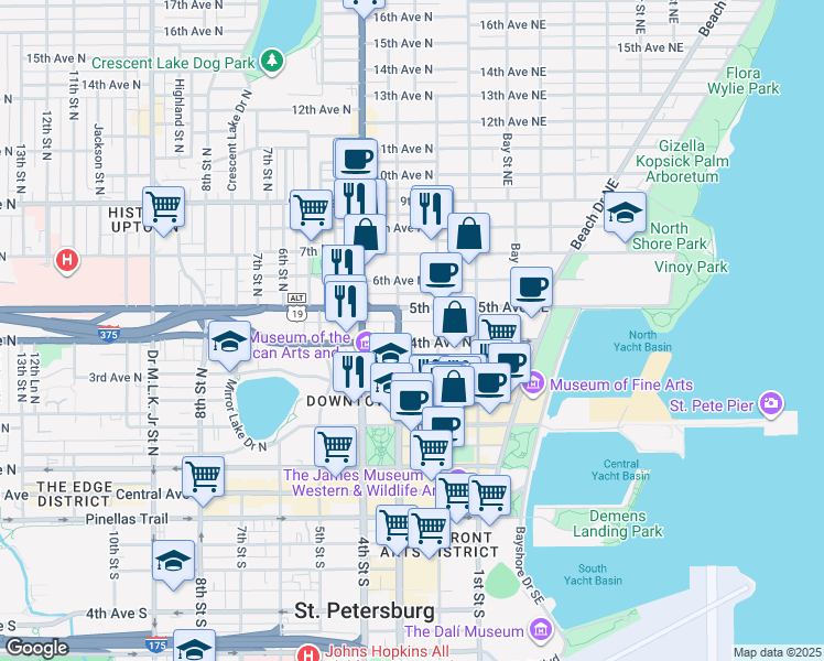 map of restaurants, bars, coffee shops, grocery stores, and more near 249 4th Avenue North in St. Petersburg