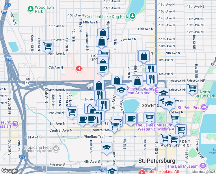 map of restaurants, bars, coffee shops, grocery stores, and more near 841 4th Avenue North in St. Petersburg
