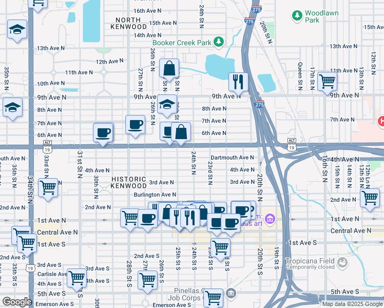 map of restaurants, bars, coffee shops, grocery stores, and more near 2420 5th Avenue North in St. Petersburg