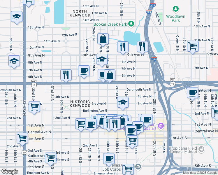 map of restaurants, bars, coffee shops, grocery stores, and more near 2420 5th Avenue North in St. Petersburg