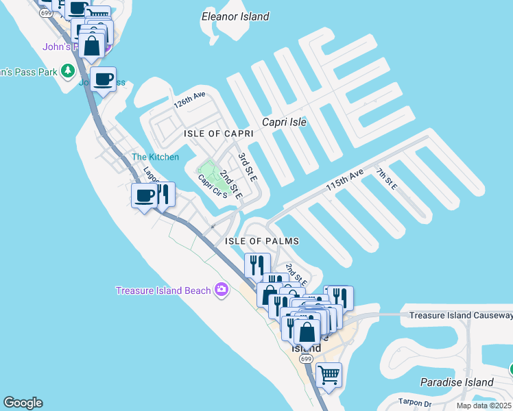 map of restaurants, bars, coffee shops, grocery stores, and more near 275 116th Avenue in Treasure Island