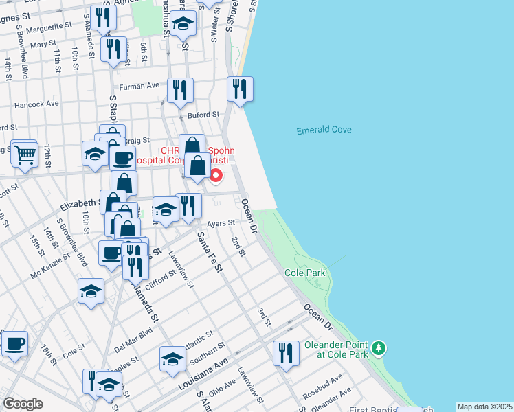 map of restaurants, bars, coffee shops, grocery stores, and more near 1338 Ocean Drive in Corpus Christi