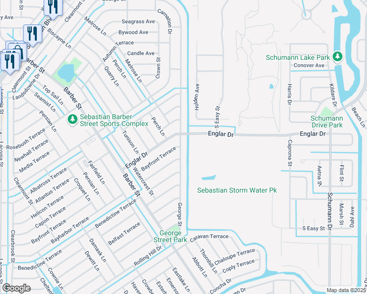 map of restaurants, bars, coffee shops, grocery stores, and more near 1119 George Street in Sebastian