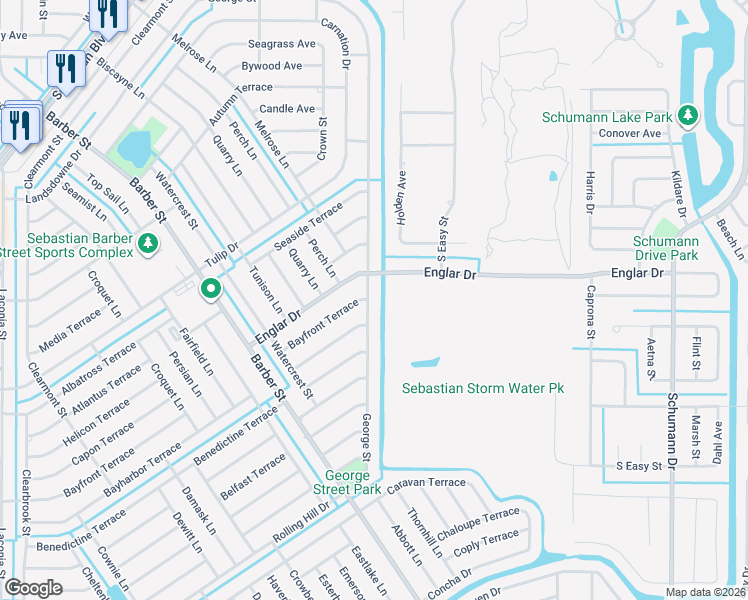 map of restaurants, bars, coffee shops, grocery stores, and more near 297 Englar Drive in Sebastian