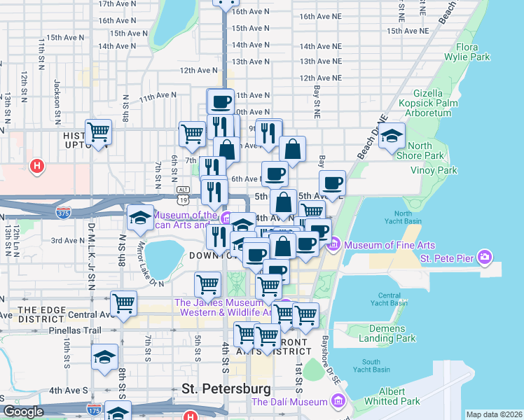 map of restaurants, bars, coffee shops, grocery stores, and more near 219 4th Avenue North in Saint Petersburg