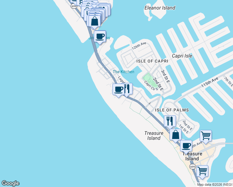 map of restaurants, bars, coffee shops, grocery stores, and more near 12109 Sunshine Lane in Treasure Island